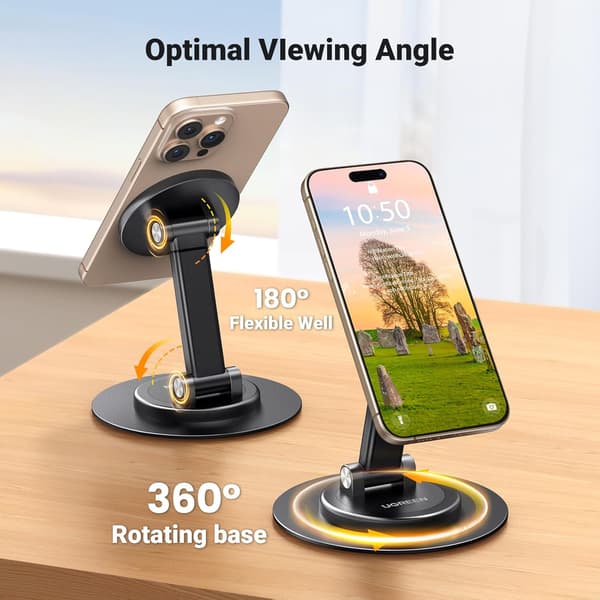 Magnetiskt telefonstativ, 360° roterbart justerbart hopfällbart bordsstativ svart