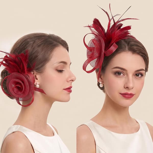 Rød fascinator-hat til kvinder med fjer, net og blomst, hårbøjle og klemme til bryllupper