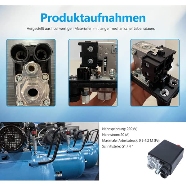 Luftkompressor trykkbryter 220V 20A kontrollventil med sikkerhetsventil