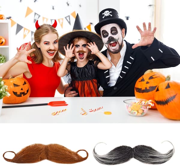 4-pack självhäftande lockiga lösmustascher för maskeradfester med gubbtema