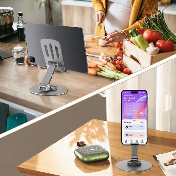 360° roterbart og sammenklappeligt telefon- og tabletstativ, justerbar bordholder i metal