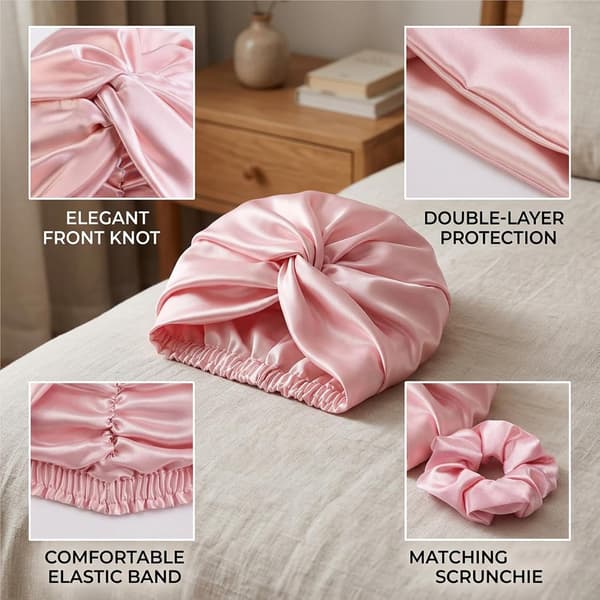 2-delad satin-hårmössa för sömn, dubbellagersmössa med scrunchie