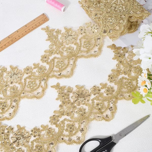 Guld paillet blomstret blondekant 3 yards 13 cm bred til syning og bryllupshåndværk