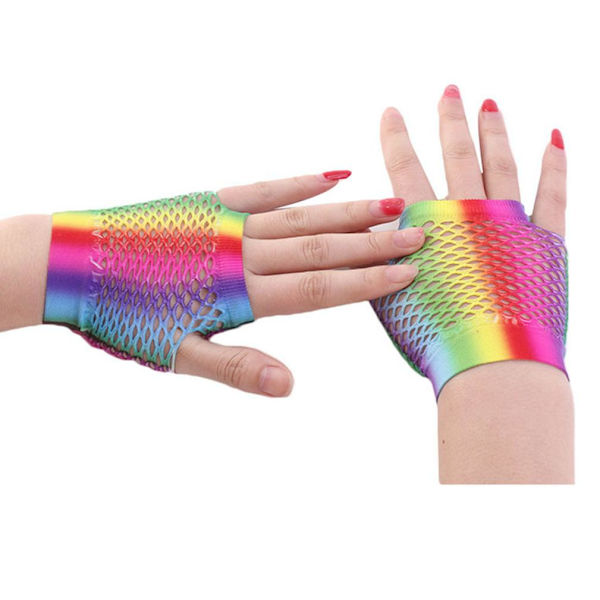 Half Finger Short Gloves Clubwear Rainbow Colorful Fishnet Handskar