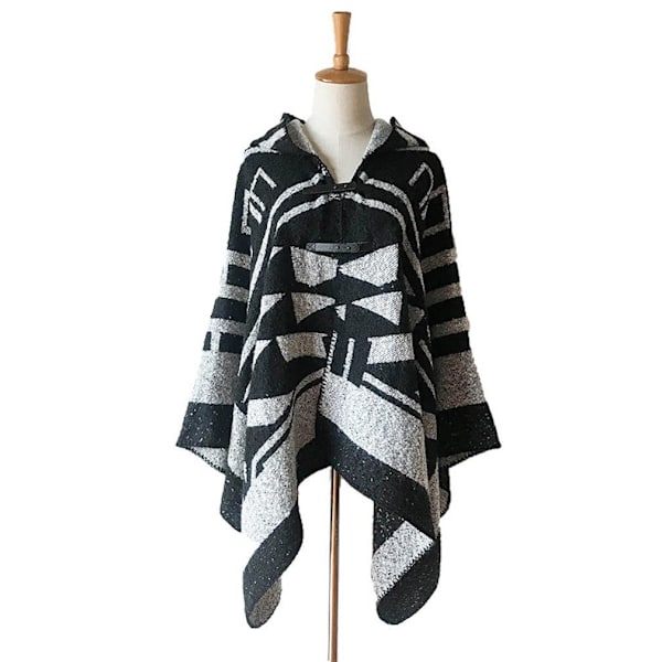 Geometrisk Hoodie Cape Loose Sjalar Öppen Front Poncho med Botton för Dam