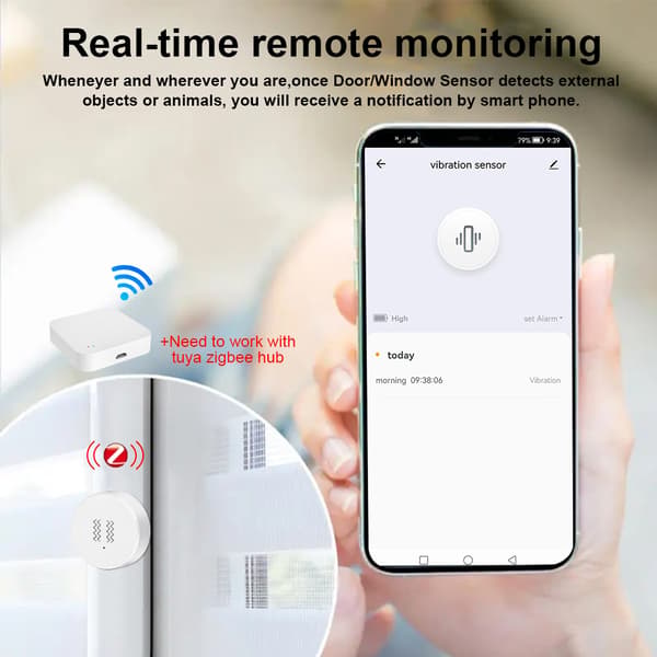 Tuya Zigbee Vibrations- og bevægelsessensor til Smart Home Automation, Hvid