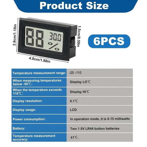 6-pakning digitalt termometer og hygrometer, mini LCD-romtemperaturmåler
