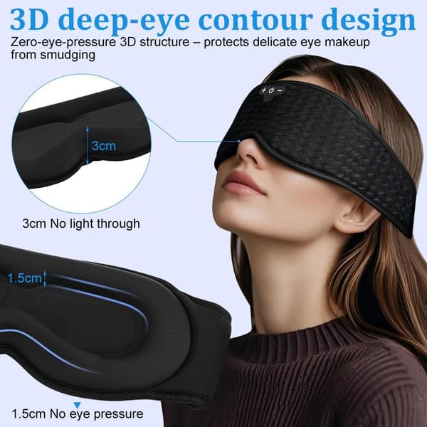 3D Bluetooth-sovmask med hörlurar, mörkläggande ögonmask för sidosovare