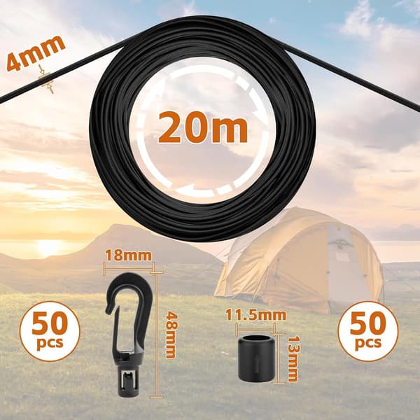 20 m strikk-sett med 50 kroker, 4 mm elastisk tau for last og camping