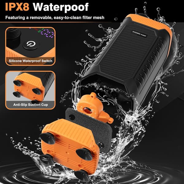 Bärbar campingdusch 8000mAh batteri LED-display 10L/min flöde IPX8