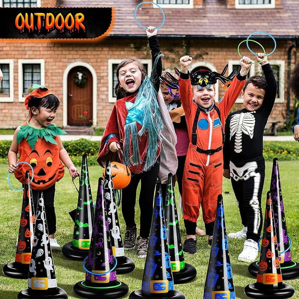 4 Oppblåsbare Heksehatter Ringkastspill med 10 Ringer for Halloween-fest