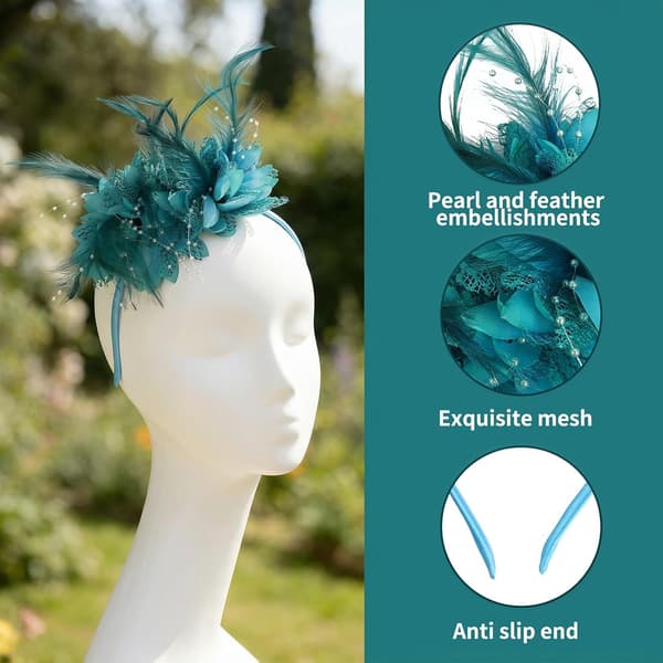 Påfugleblåt fascinator-hårbånd med fjer og mesh-blomster til bryllupper