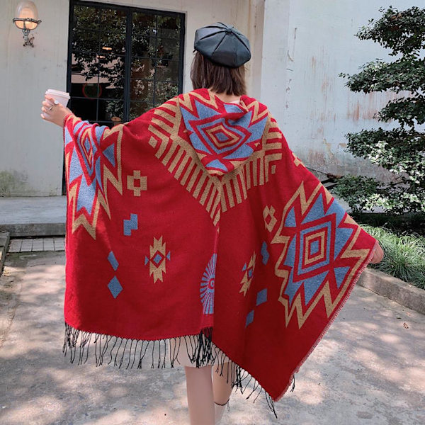 Geometrisk tjock sjal för damer Lady Poncho Pashmina Cardigant filt med tofs