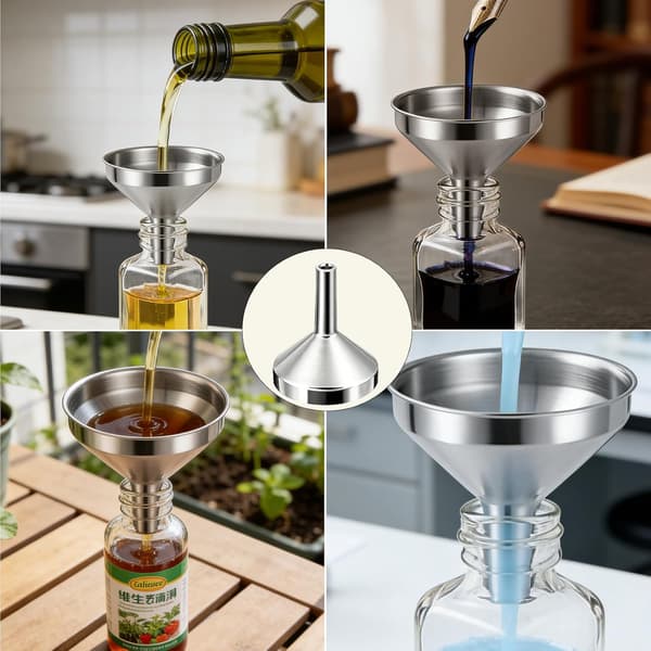 6-delt sæt mini-tragte i rustfrit stål til flasker, olier, parfume og hobbyprojekter