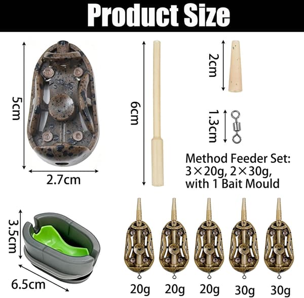 6 stk. Method Feeder-rigs med agnform, karpefiskeriudstyr og feedere