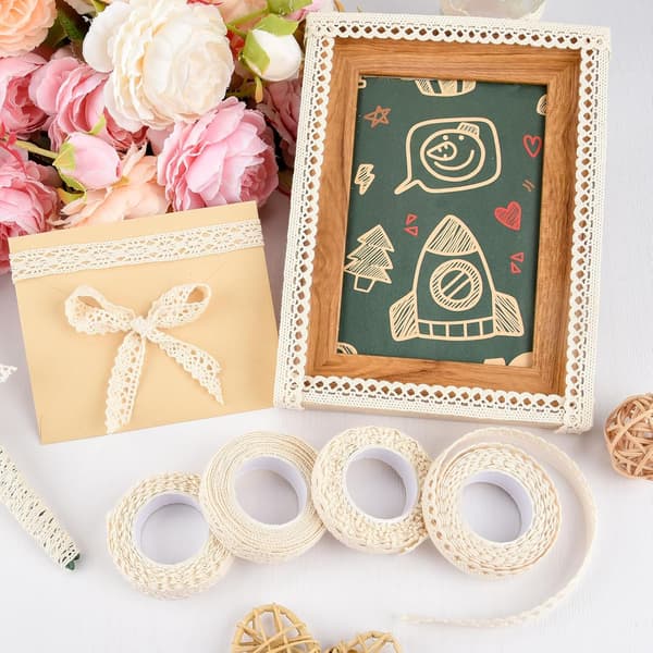 4 ruller selvklæbende bomuldsblondebånd beige vintage kantbånd til DIY-håndværk