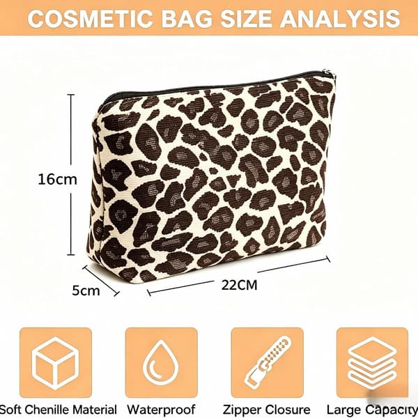 Leopardmønstret makeuptaske til kvinder, kosmetikpung i chenille med lynlås