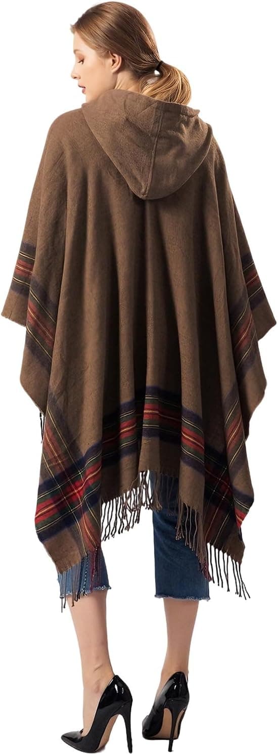 Stickad poncho-sjal för dam, öppen cape med fransar, oversized kofta