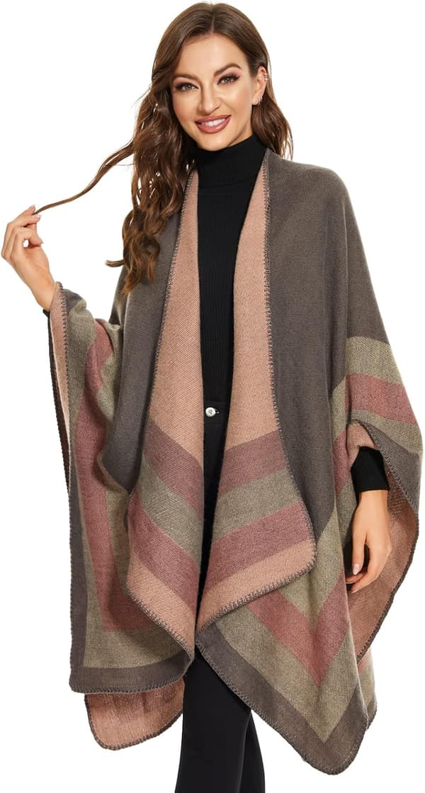 Stickad poncho-sjal för dam, oversized, varm cape med öppen front