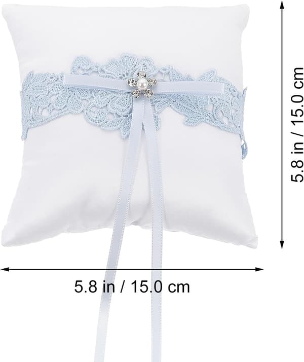 Himmelblå bryllupsringpude med blonde- og perlesløjfe, 15 cm