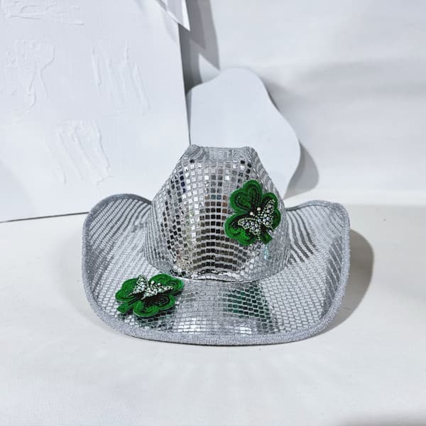 Sølv Paillet Cowboyhat med Shamrock til St. Patrick's Day