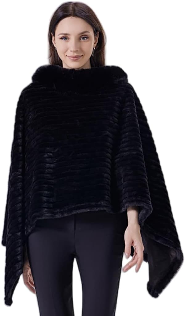 Poncho-cape för kvinnor med fuskpälskrage, pullover-sjal i polyester för vintern