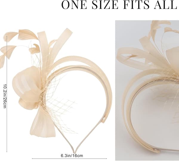 Beige fascinator-hatt for kvinner, hodeplagg med fjær og netting til bryllup og teselskap