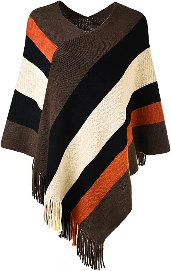 Stickad poncho-cape i akryl för dam, V-ringad, randig med fransar, vintersjal
