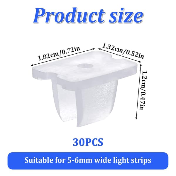 30 stk. plast- og metallklips for LED-strips, 5-6 mm vanntette monteringsbraketter