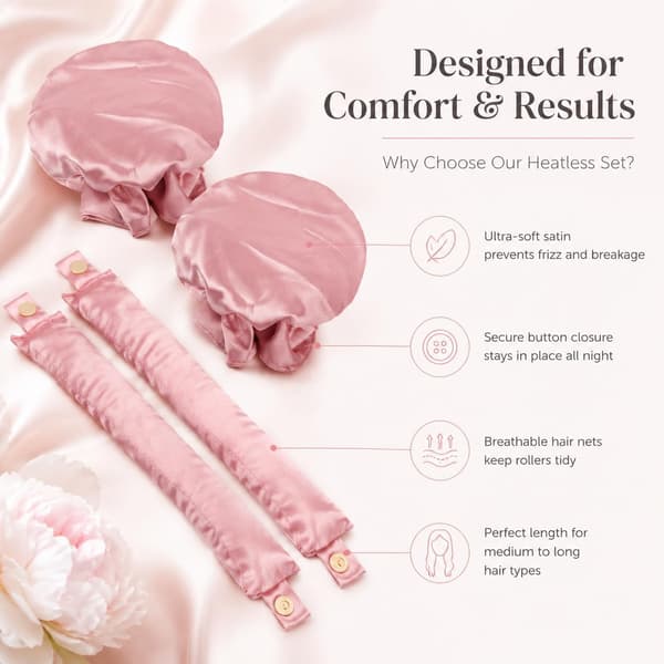 4-pack rosa hårinpackningsset i satin med pannband för hårstyling över natten