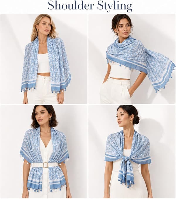 Lätt blommig sjal för dam, stor oversized sjal med tofsar