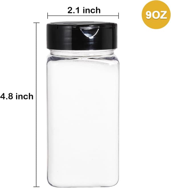 16-pak 260 ml plastkrydderiglas med sorte vippelåg til drys og hældning