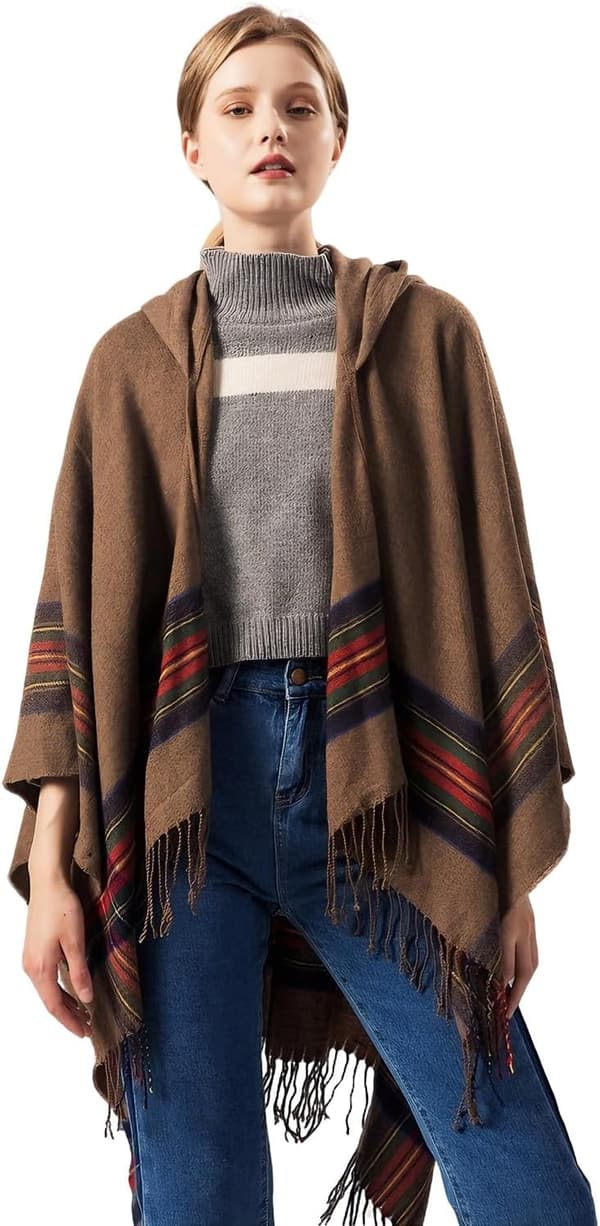 Stickad poncho-sjal för dam, öppen cape med fransar, oversized kofta