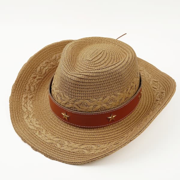 Khakifärgad stråcowboyhatt med stjärnnitband och bred brätte