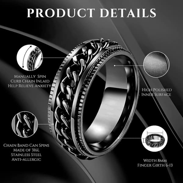 316L rostfri spinner-kedjering Fidget-ring 8 mm svart silver för män och kvinnor