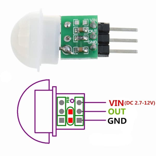 5-pack mini PIR-rörelsesensormoduler, DC 2,7-12V, 3-5m räckvidd med kabel