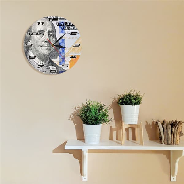 Benjamin Franklin -seinäkello, 12 tuuman akryylinen 100 dollarin seteli -sisustuselementti