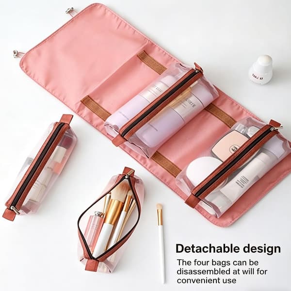 4-i-1 sammenrullelig makeuptaske, aftagelige poser, toilettaske til rejser