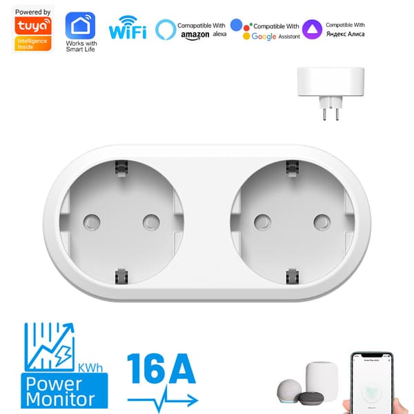 Tuya WiFi Dual EU Smart Plug 16A Energimåler Alexa Stemmestyring