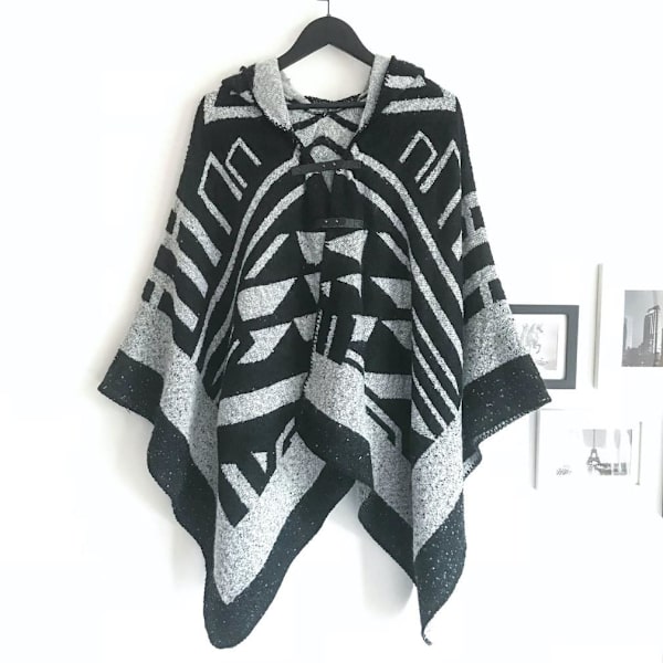 Geometrisk Hoodie Cape Loose Sjalar Öppen Front Poncho med Botton för Dam