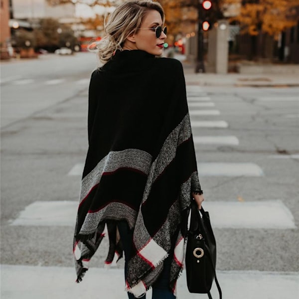 Svart Batwing blus med ränder Fransad fåll Virkad Poncho med tofs Turtleneck Pullover Wrap för Dam