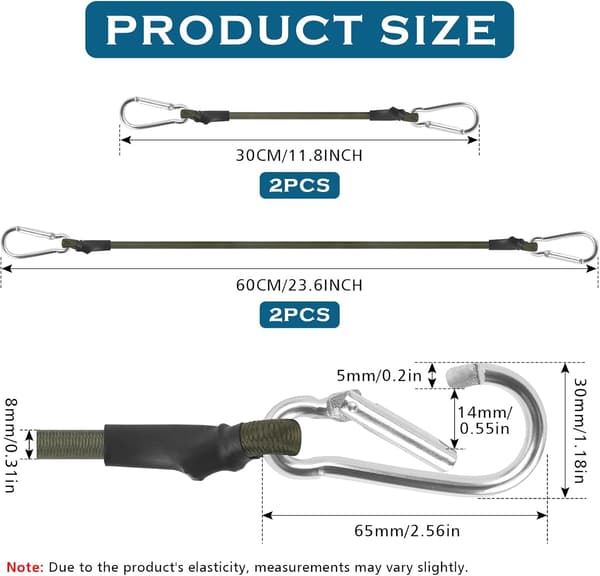 4 stk. Karabinhage-elastiksnore 30/60 cm kraftige elastiske surringsstropper