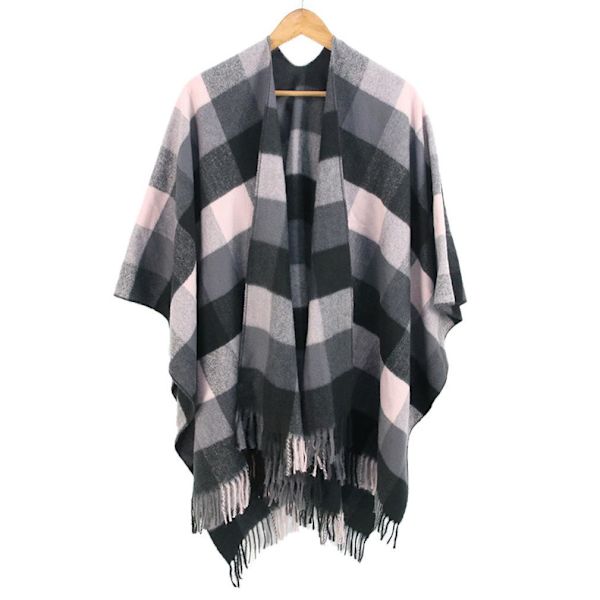 Rutig sjal Scarf Öppen front Poncho vinterkofta med tofs för dam