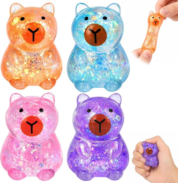 4-pack mini Capybara stressbollar, glittrigt squishy sensoriskt fidget-set