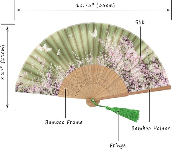 Sakura silke-sammenleggbar håndvifte med bambusramme og etui for kvinner