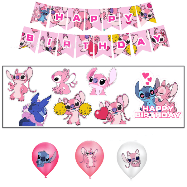 Pink Stitch Födelsedagsballonger med Banner Cake Topper Latex Ballong Set Party Dekoration