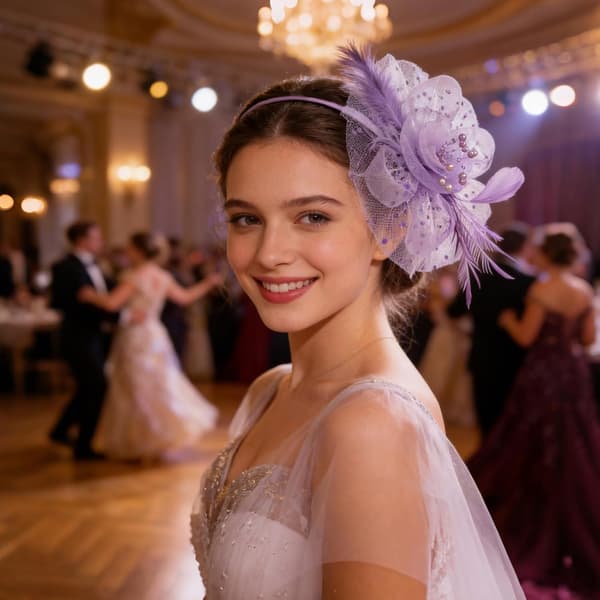 Lilla fascinator til kvinder, hårbøjle med fjer, net-slør og hårklemme til bryllupper