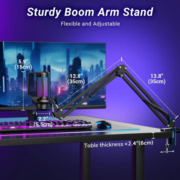 USB-kondensatormikrofon för gaming med RGB-belysning, bomarm och puffskydd