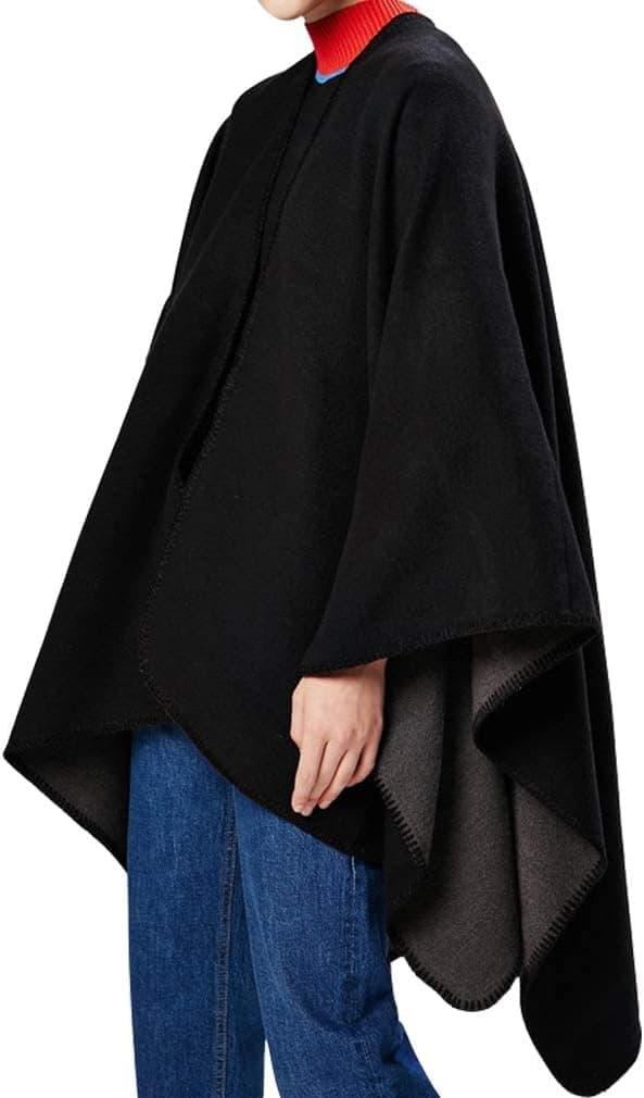 Strikket poncho-sjal til kvinder, vendbar cape med åben front til vinter