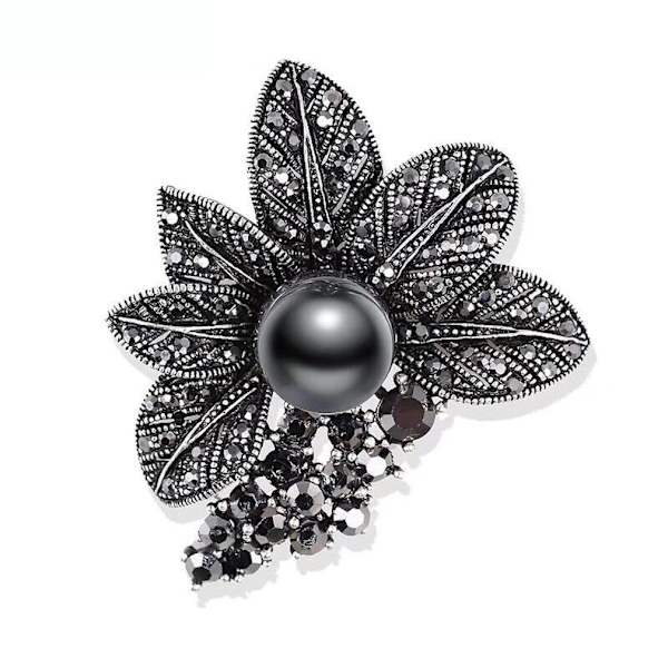 Retro Dambrosch Butterfly Corsage Black Rhinestone Imitation Pearl Brosch Pin